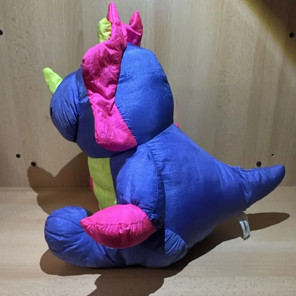 Stuffins 90’s Triceratops Nylon Plush Dinosaur Pink Blue Squeaker Parachute  Vtg